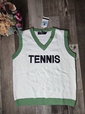 NWT RUNWAY ATHLETICS Knit “TENNIS” V‑Neck Sweater Vest White & Green Size XS
